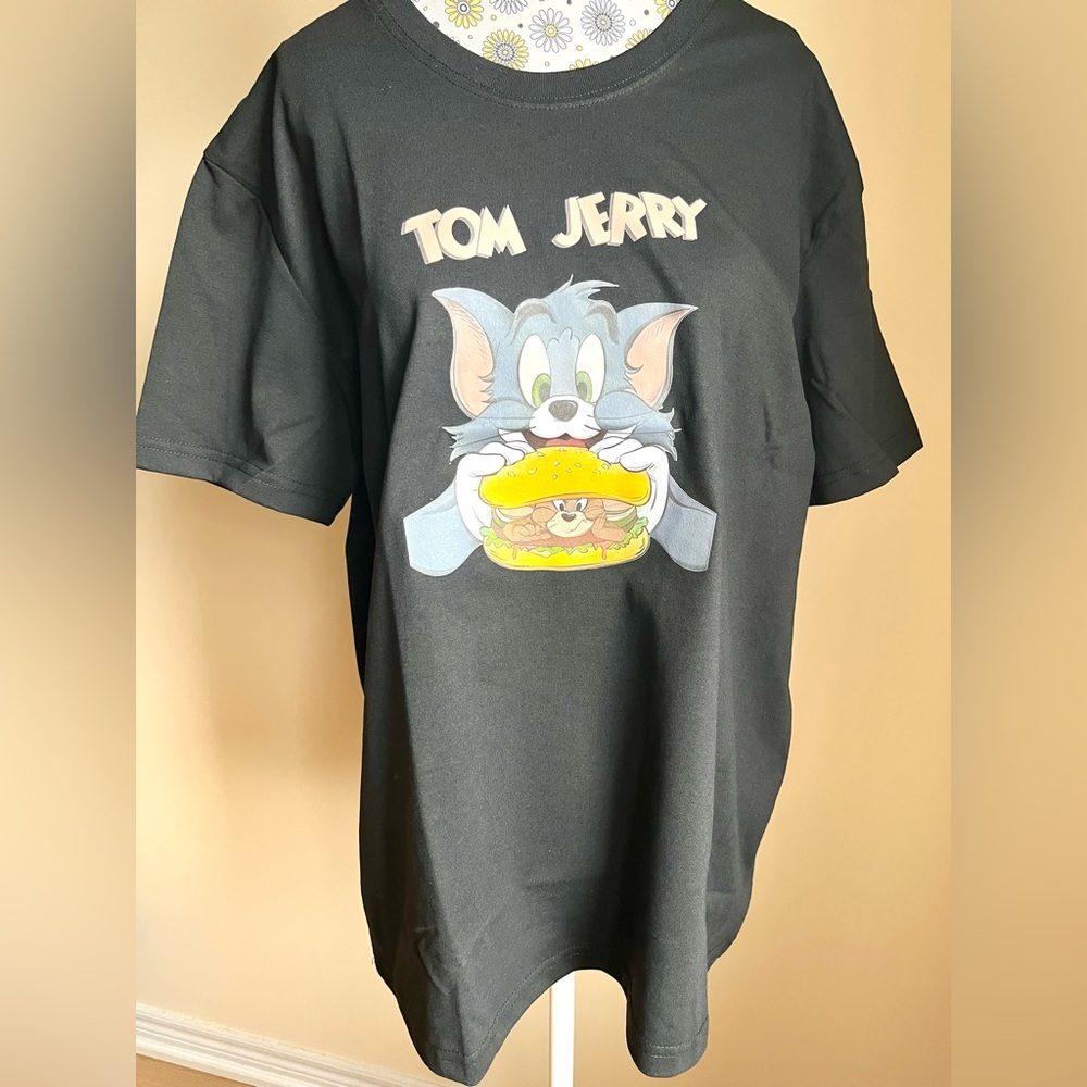Oversized Tom & Jerry Black Graphic Tee - Cartoon Burger Design